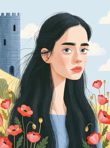 Fantasy Book Cover — Nano Banana 2 AI Prompt: a fantasy book cover of a girl with long black hair. poppies and a tower. the gi...