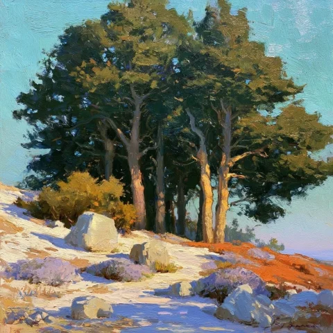 Oil Painting of Pine Trees in Sunlight — Nano Banana 2 AI Prompt: oil painting of interesting pine trees and snow in hard hard sunlight, bright im...
