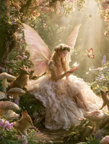 Beautiful Forest Fairy — Nano Banana 2 AI Prompt: Pretty forest fairy sitting in a sunlight forest with wild animals and mushrooms...
