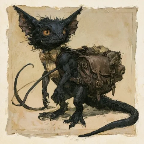 Small Black Kobold — Nano Banana 2 AI Prompt: small Black lizardlike Kobold with a bow tie and a backpack on his tail --profil...