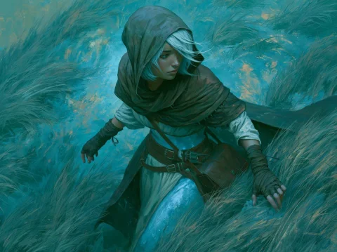 Glass Goddess — Nano Banana 2 AI Prompt: Traditional dark fantasy painting of a woman in Bedouin-like robes with a transp...