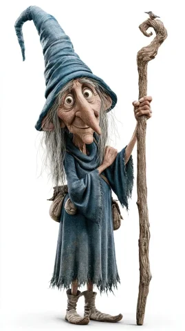 Old Witch Portrait — Nano Banana 2 AI Prompt: Create a full-body character portrait of a skinny old witch standing on a clean...