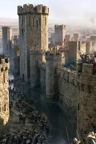 Medieval Siege — Nano Banana 2 AI Prompt: Ultra-realistic Medieval History fortress under attack, massive stone fortress p...