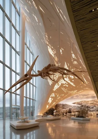 Modern Museum Interior — Nano Banana 2 AI Prompt: contemporary natural history museum interior, dramatic central exhibition hall,...