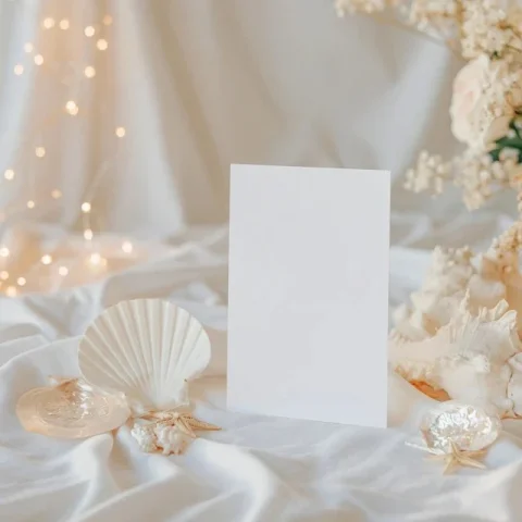 Bright Card Mockup — Nano Banana 2 AI Prompt: Blank vertical white 5x7 bright white card mockup, On smooth white fabric backgr...