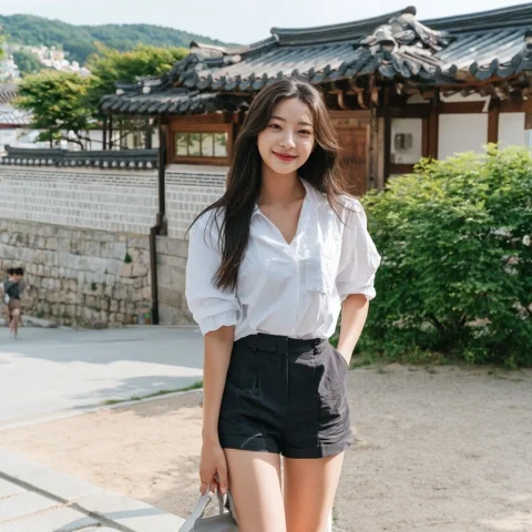 Summer Outdoor Photography — Nano Banana 2 AI Prompt: 여름 분위기의 한국 야외 공간, 20대 초반 한국 여성, 긴 자연갈색 헤어, 맑고 청순한...