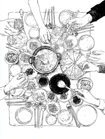 Korean Meal — Midjourney v6 AI Prompt: A minimalist black and white line art illustration, viewed from an overhead top-...