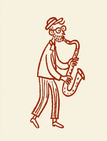 Saxophone Player — Midjourney v6 AI Prompt: A man playing saxophone. The color scheme is in shades of red on a white backgro...