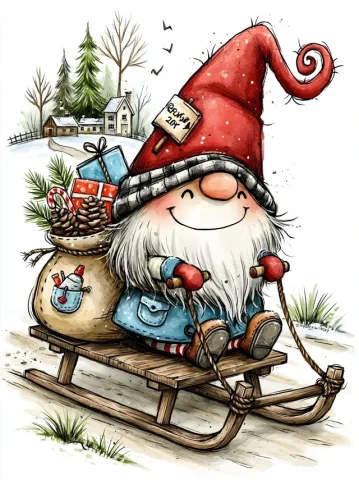 Country Christmas Gnome — Nano Banana 2 AI Prompt: country Christmas gnome riding a wooden sled with a bag of pine cones and gifts,...