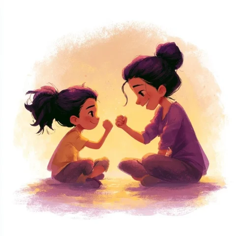 Warm Mother-Child Interaction — Nano Banana 2 AI Prompt: Create a cute story book illustration in realistic style including warm purples...