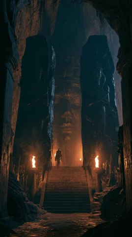 Black Tomb Doors — Nano Banana 2 AI Prompt: A pair of towering polished black granite tomb doors at the bottom of a long des...