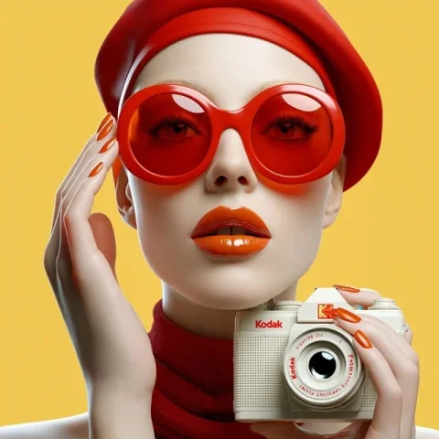 Portrait of French Marianne — Nano Banana 2 AI Prompt: smooth white skin close-up portrait of a French Marianne holding a Kodak, bold g...