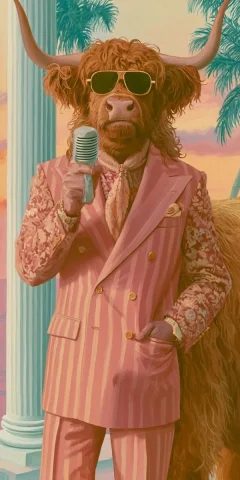 Portrait of Scottish Highland Cattle — Nano Banana 2 AI Prompt: portrait of a Scottish highland cattle, dressed like Italian Rockstar model, wea...