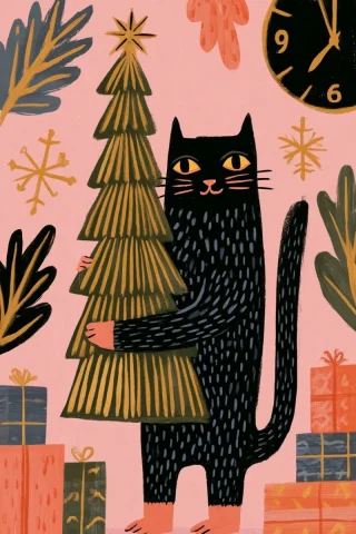 Cat with Christmas Tree — Nano Banana 2 AI Prompt: a Christmas tree held in the paws of a cat, a child's drawing, children's drawin...