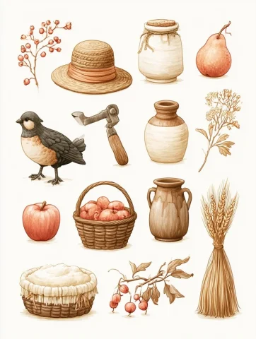 Homestead Items Illustration — Midjourney v6 AI Prompt: Homestead items, clipart, illustration --ar 3:4 --profile gr4f36s --profile 7xe9...