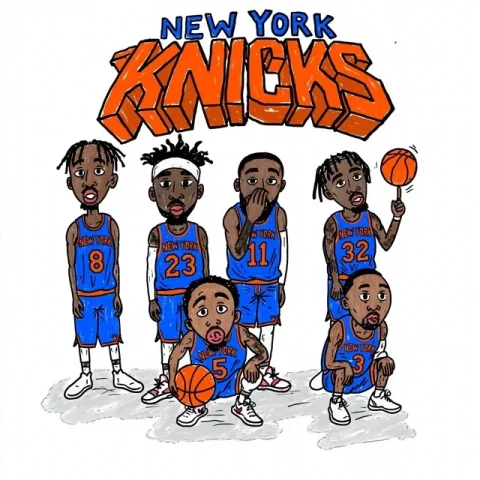 Basketball Players Illustration — Nano Banana 2 AI Prompt: a cartoon illustration featuring six male basketball players, each with dark ski...