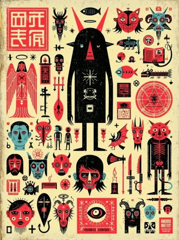 Vintage Occult Pictogram — Nano Banana 2 AI Prompt: vintage naive occult pictogram, Chinese angels and demons symbols --ar 3:4 --hd...