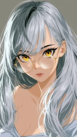 Cute Anime Portrait — Nano Banana 2 AI Prompt: front view, anime style, long gray hair, sharp upturned anime eyes, bright yello...