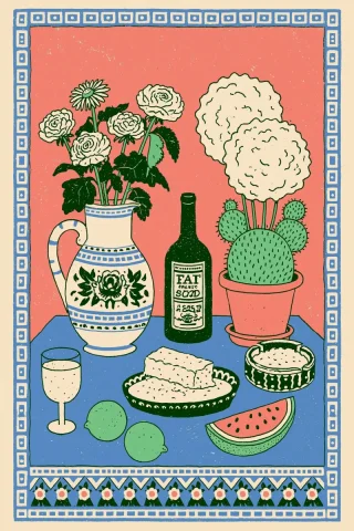 Modern Floral Illustration — Nano Banana 2 AI Prompt: modern illustration. painting of a floral setting with a patterned boarder --cha...