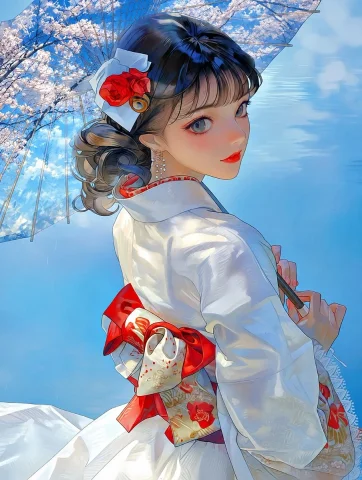 Kimono Umbrella Double Exposure — Nano Banana 2 AI Prompt: Create a polished anime-style double-exposure illustration of a young woman in a...