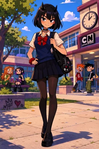 Demon Schoolgirl Anime Scene — Nano Banana 2 AI Prompt: Create a full-body anime character illustration of a mischievous demon schoolgir...
