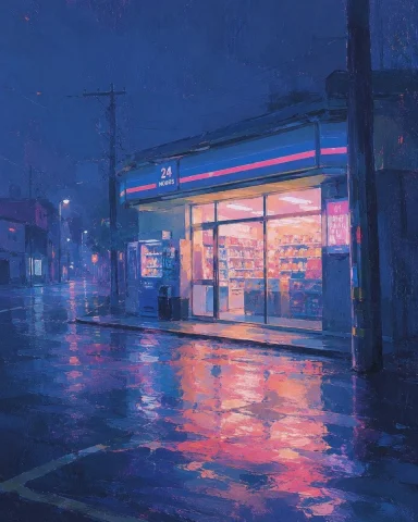 Rainy Night Convenience Store — Nano Banana 2 AI Prompt: Create a painterly nighttime city street scene in a cinematic square composition...