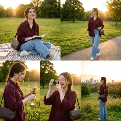 Golden Park Fashion Collage — Nano Banana 2 AI Prompt: Goal: Create an ultra-realistic lifestyle fashion collage featuring a beautiful...