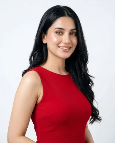Anonymized Red Dress Studio Portrait — Nano Banana 2 AI Prompt: Create a hyper-realistic studio portrait of a fair, beautiful, slightly curvy yo...