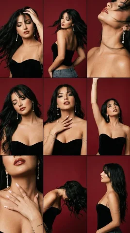 Crimson Studio Contact Sheet — Nano Banana 2 AI Prompt: { "format": "3x3 contact sheet grid, 9 panels, same woman across all panels, c...