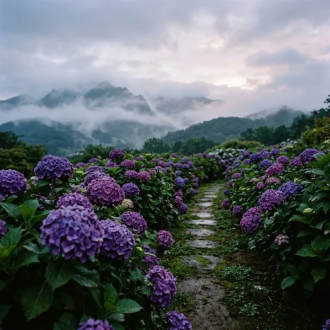 Misty Hydrangea Garden Landscape — Nano Banana 2 AI Prompt: masterpiece, realistic photo, landscape, Low-angle hydrangeas, misty peaks, deep...