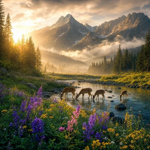 Magical Sunrise Alpine Valley — Nano Banana 2 AI Prompt: Create a cinematic, ultra-realistic nature landscape at magical sunrise: a prist...