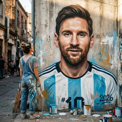 Messi World Cup 2026 Street Mural — Nano Banana 2 AI Prompt: "THE DEVOTED" (Finished Messi Mural + Artist) Aspect ratio: 1:1 (square) A hyper...