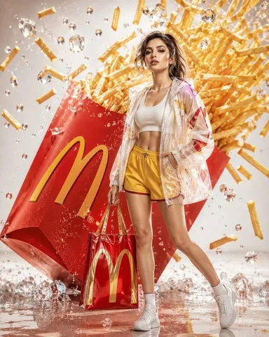 Luxury Fashion Fast Food Campaign — Nano Banana 2 AI Prompt: Beautiful young woman with the exact facial identity, facial structure, skin ton...