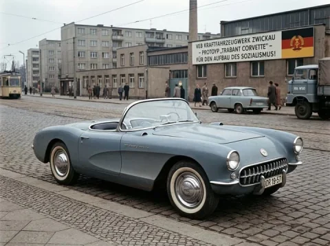 Infographic / Edu Visual - GDR Alternate History Car Design — Nano Banana 2 AI Prompt: Chevrolet Corvette designed in East Germany by Trabant engineers in 1957, retro...