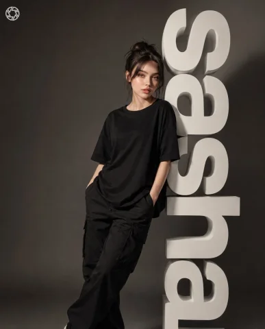 Product Marketing - Nina 3D Typography Portrait — GPT Image 2.5 AI Prompt: NINA” full-body studio fashion portrait, leaning casually against large vertical...