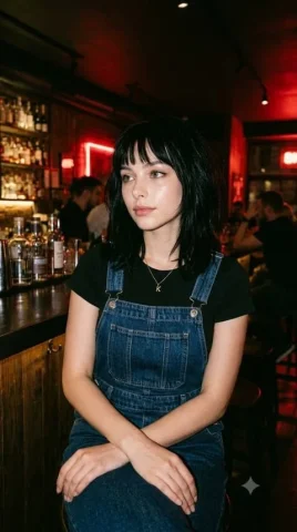 Profile / Avatar - Moody Bar Night Style Transformation — Nano Banana 2 AI Prompt: Young woman in uploaded image, denim overall dress, medium length black hair wit...