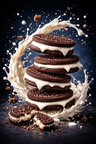 Product Marketing - Macro Luxury Biscuit Milk Splash — Nano Banana 2 AI Prompt: Ultra-realistic [BISCUIT NAME] biscuits stacked dynamically in mid-air, slightly...