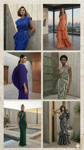 Product Marketing - Architectural High-Fashion Gown Collage — Nano Banana 2 AI Prompt: A professional fashion collage showcasing six elegant high-fashion gowns, presen...