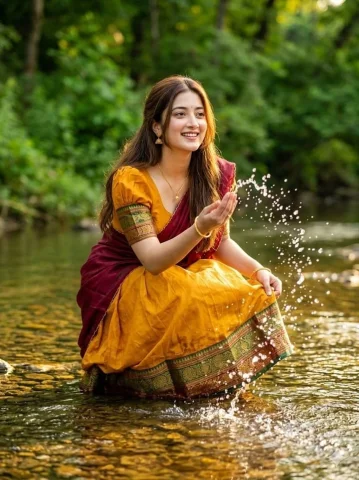Social Media Post - Joyful Forest River Saree Portrait — Nano Banana 2 AI Prompt: Photorealistic outdoor portrait of a joyful young woman playing in a shallow for...