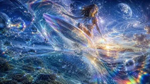 Cosmic Surfer — GPT Image 2.5 AI Prompt: Create an ultra-detailed cinematic fantasy image of a lone cosmic surfer goddess...