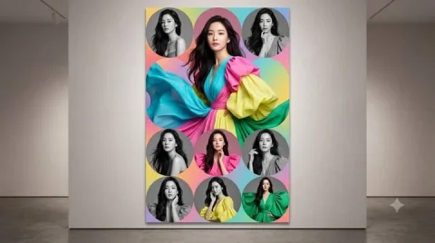 Colorful Fashion Collage Poster — GPT Image 2.5 AI Prompt: Goal: Create a realistic gallery-view mockup of a vibrant fashion portrait colla...
