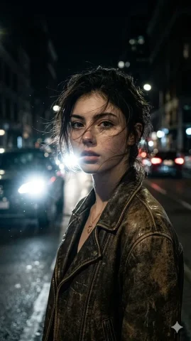 Profile / Avatar - Cinematic Urban Night Portrait — GPT Image 2.5 AI Prompt: Hyper-realistic close-up portrait of a woman with slightly disheveled, wind-tous...