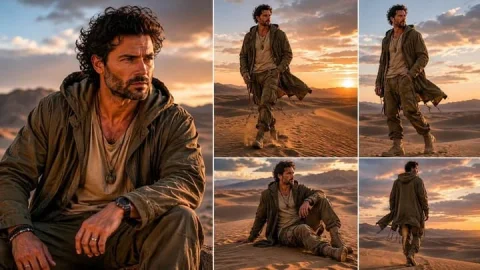 Social Media Post - Desert Wanderer Photo Collage — GPT Image 2.5 AI Prompt: Goal: Create a cinematic desert explorer photo collage featuring a rugged male d...