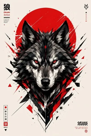 Game Asset - Geometric Wolf Head Japanese Poster — GPT Image 2.5 AI Prompt: Ultra-aggressive geometric wolf head illustration centered in a minimalist poste...