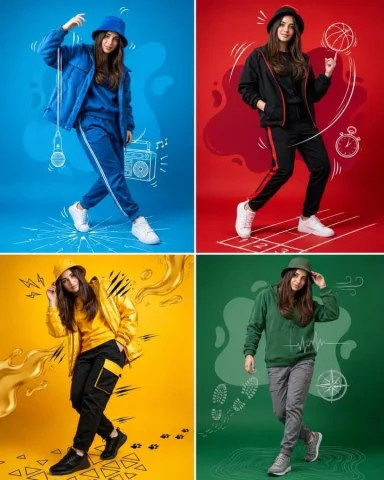 Product Marketing - Fashion Color Theme Advertising Grid — GPT Image 2.5 AI Prompt: Create a high-end fashion advertising poster inspired by colorful sportswear cam...