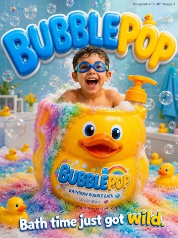 Product Marketing - Kids Bath Product Advertisement Poster — GPT Image 2.5 AI Prompt: A fun bubbly kids advertisement poster. An excited young boy age 5 in swimming g...