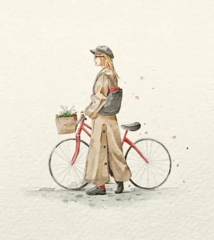 Product Marketing - Watercolor Fashion Illustration with Bicycle — GPT Image 2.5 AI Prompt: A delicate watercolor fashion illustration on textured off-white handmade paper....