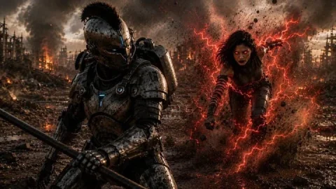 Comic / Storyboard - Cyber Knight vs Red Lightning Attacker — GPT Image 2.5 AI Prompt: Create a cinematic dark sci-fi battle scene in a devastated muddy wasteland at s...