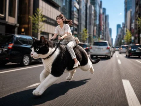 Social Media Post - Woman Riding a Giant Cat Commute — GPT Image 2.5 AI Prompt: Subject: Commuting on a cat-bike, morning commute Person/Expression: Young woman...