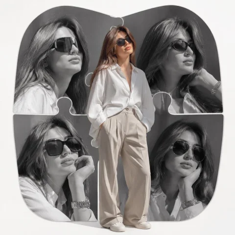 Product Marketing - Fashion Editorial Jigsaw Collage — GPT Image 2.5 AI Prompt: High-end fashion editorial collage poster. A full-body photorealistic main subje...